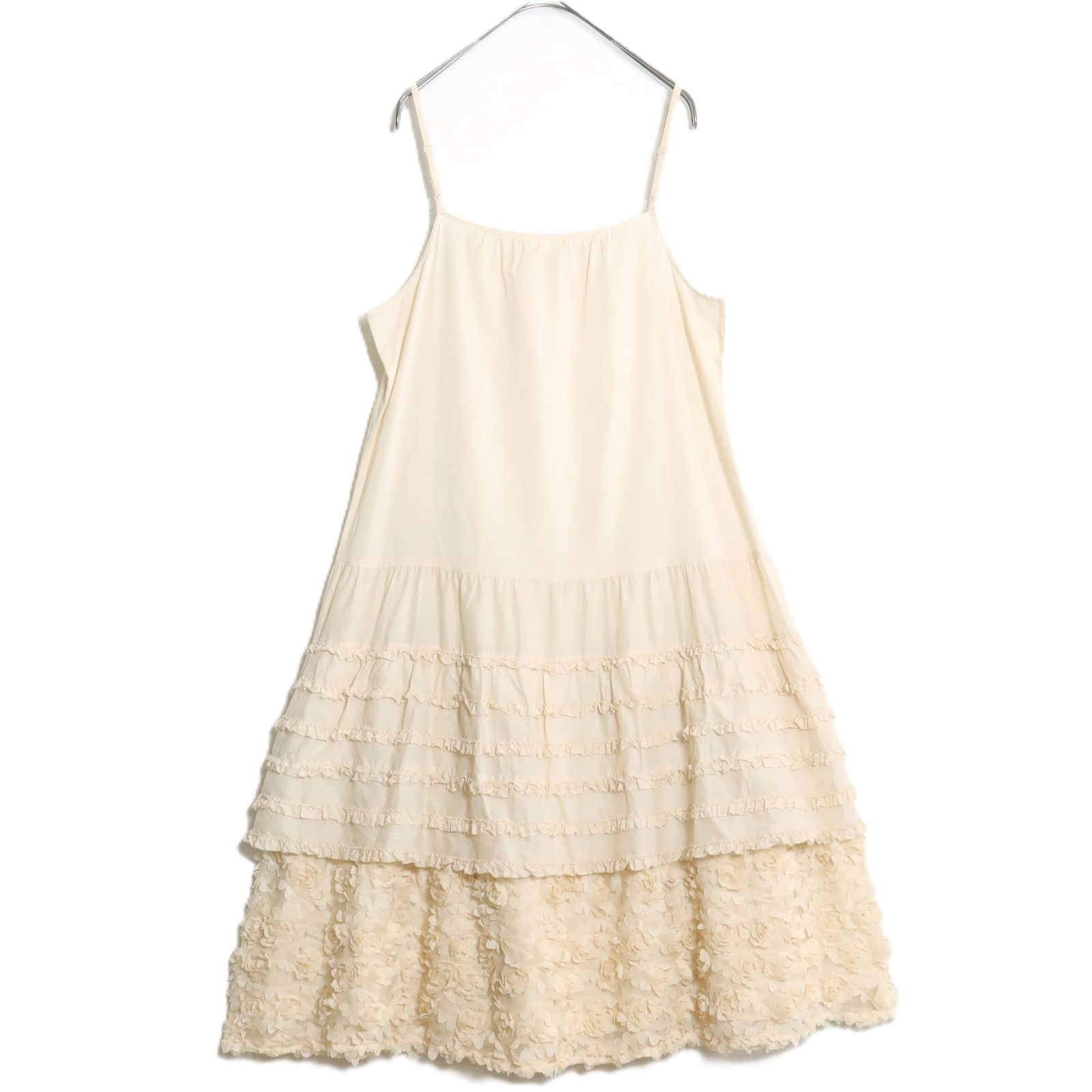 ピンクハウス スかぶせ段々 キャミワンピース ピコフリル 鳥 レース 美品】ピンクハウス☆モチーフ付かぶせ段々♪キャミワンピ ローン