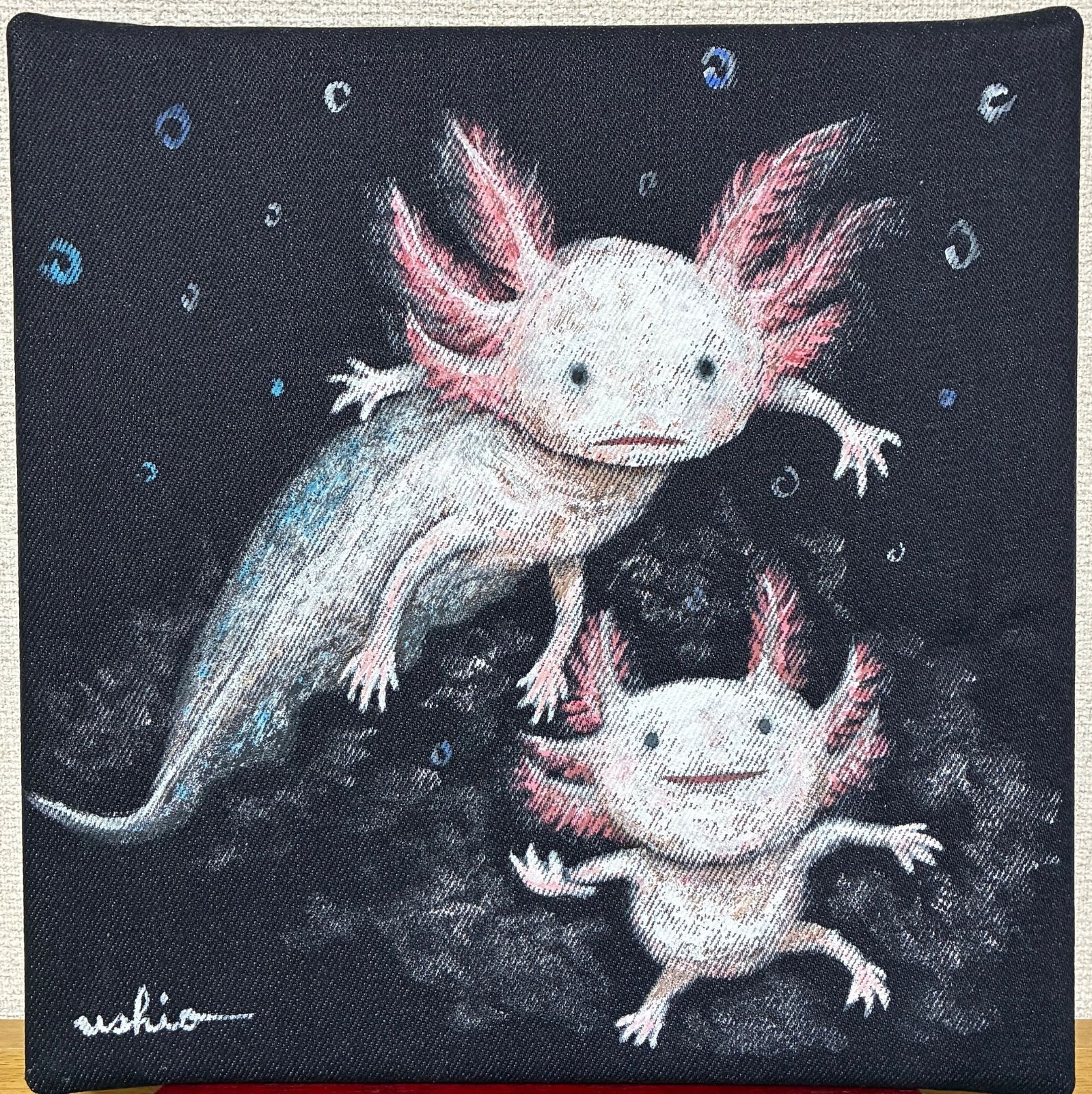 鬼ごっこウーパールーパー 手書き 絵画 アートパネル ファブリック