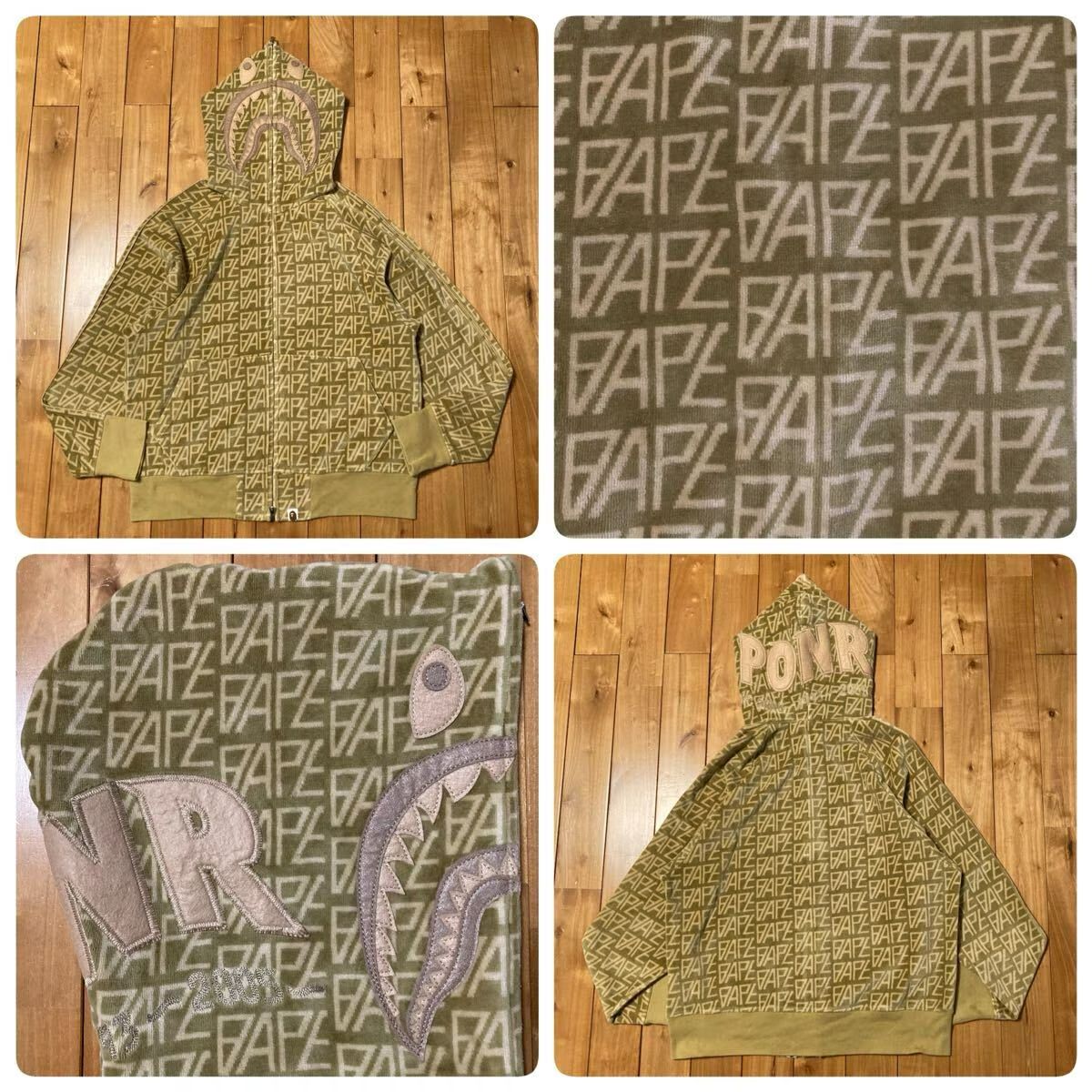 BAPE Logo Monogram Velour Shark Full Zip Hoodie Sサイズ ベージュ a
