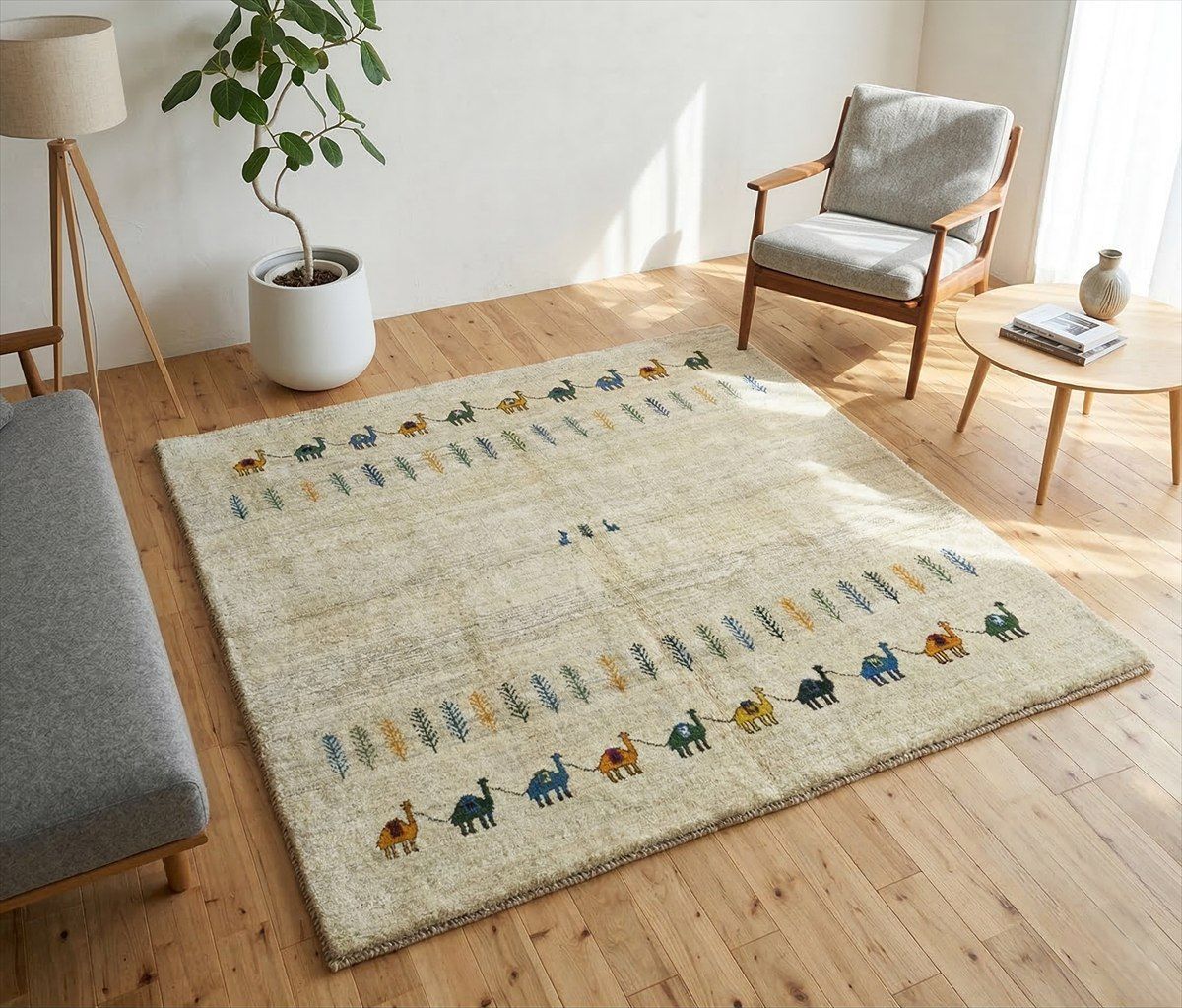 ペルシャ ギャッベ リビング 正方形ラグ 200x200cm ラクダ 生命