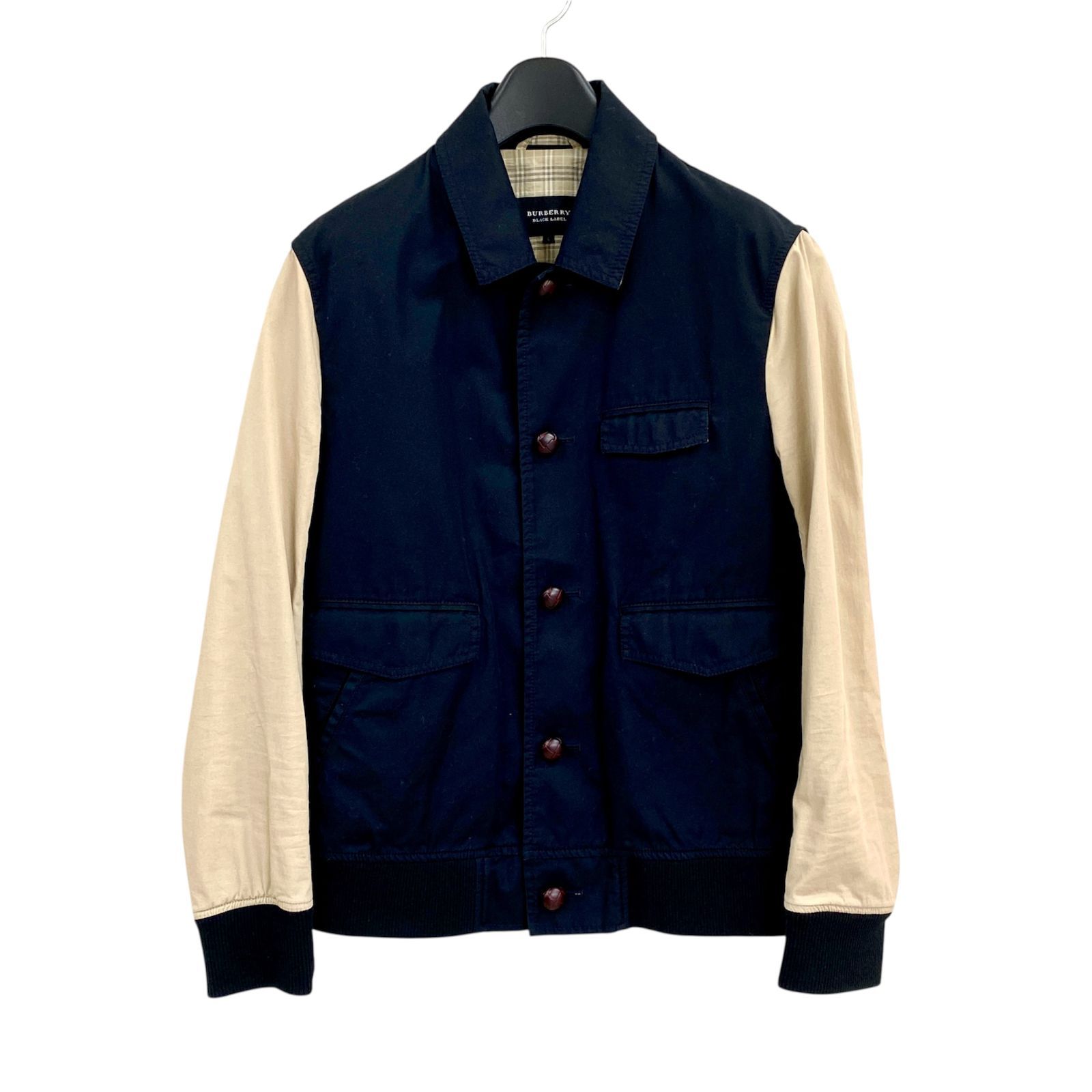 BURBERRY BLACK LABEL バーバリーブラックレーベル バイカラーブルゾン 切替 ヴァーシティジャケット L ノバチェック 牛革ボタン BURBERRY BLACK LABEL バーバリーブラックレーベル バイカラーブルゾン