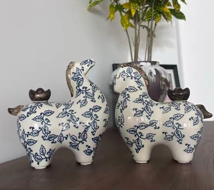 インテリア小物 青花瓷風 馬のオブジェ置物2点セット展開 陶器