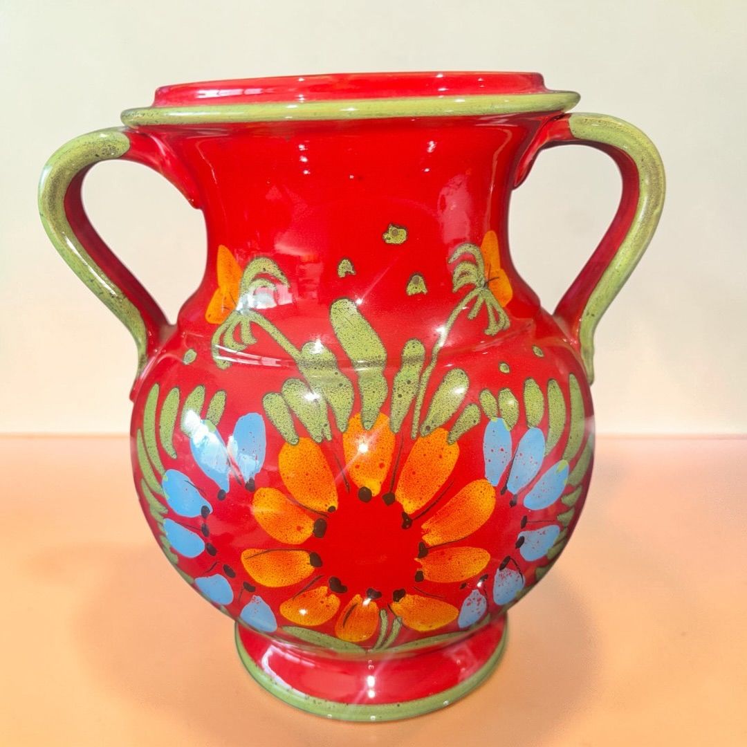 アンティーク イタリア製 陶器 赤 フラワーベース 花瓶 花器 花入れ