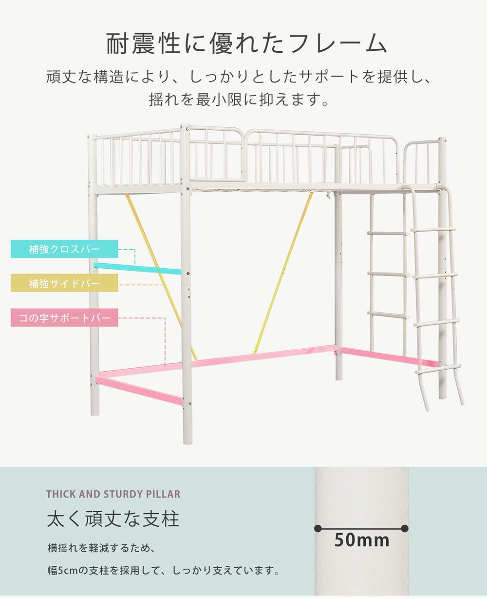 ホワイト【高さ170cm】ロフトベッド パイプベッド シングル 耐荷重