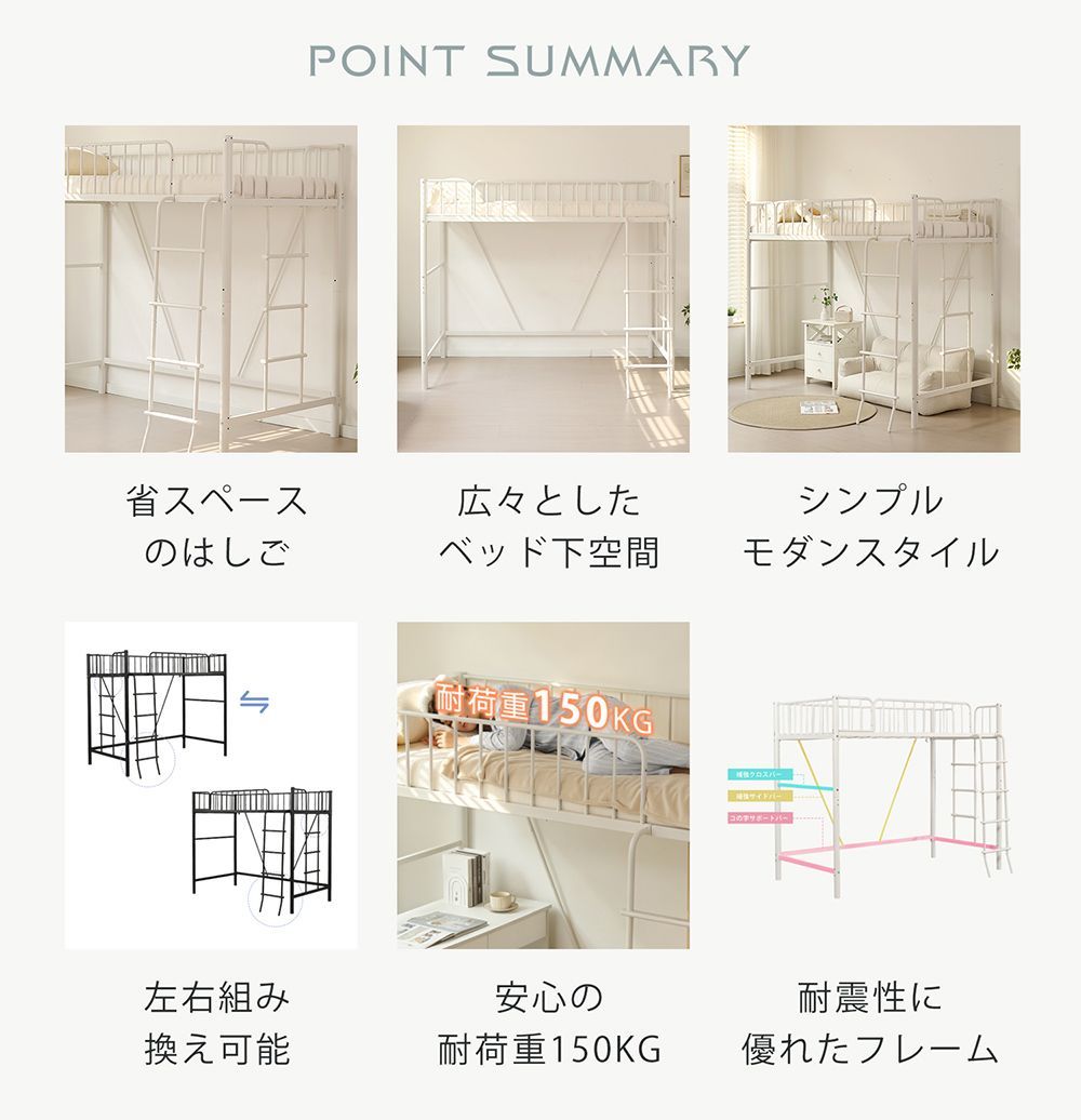 ホワイト【高さ170cm】ロフトベッド パイプベッド シングル 耐荷重