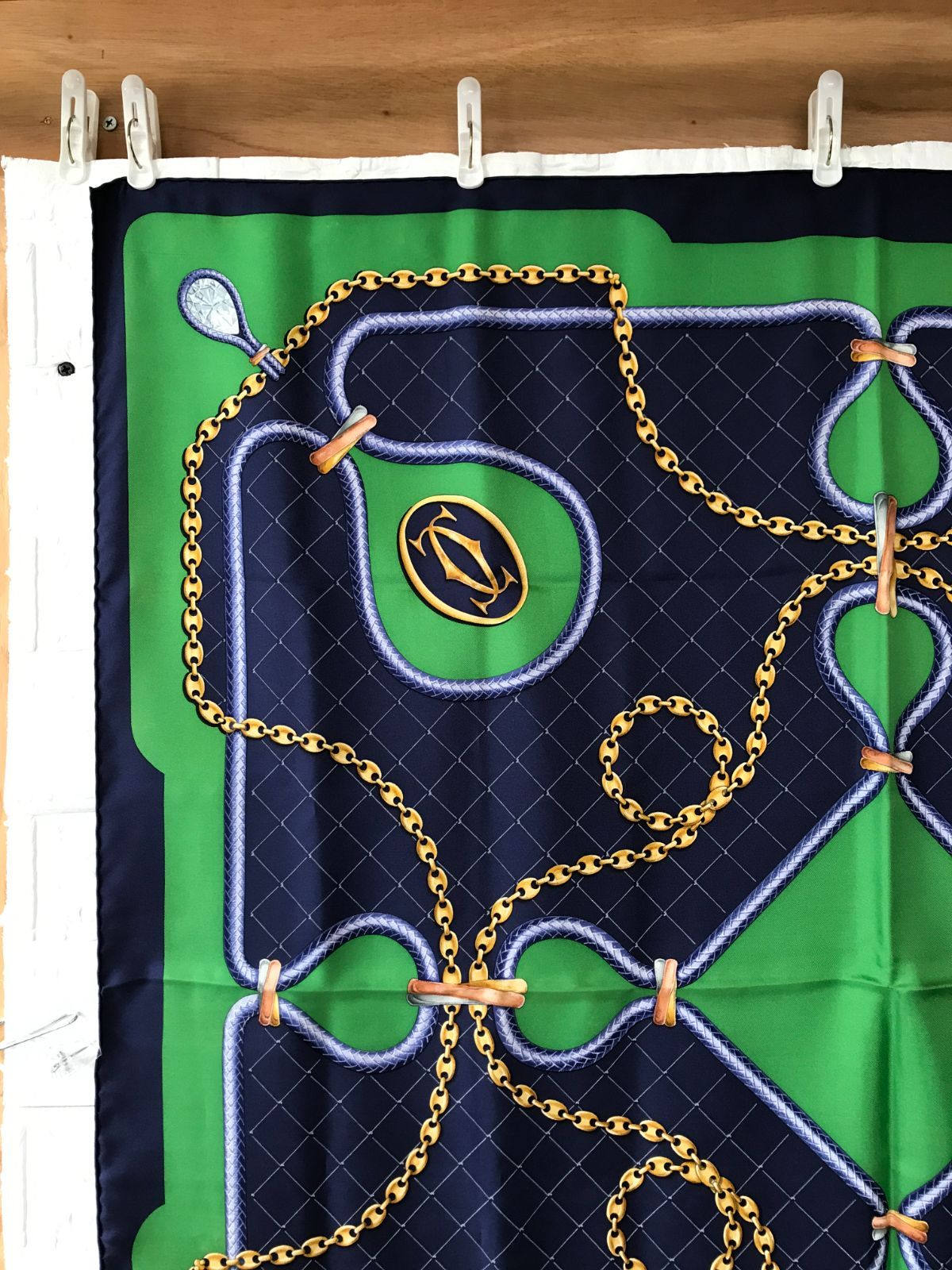Cartier カルティエ 大判スカーフ 総柄 グリーン×ネイビー系 1197