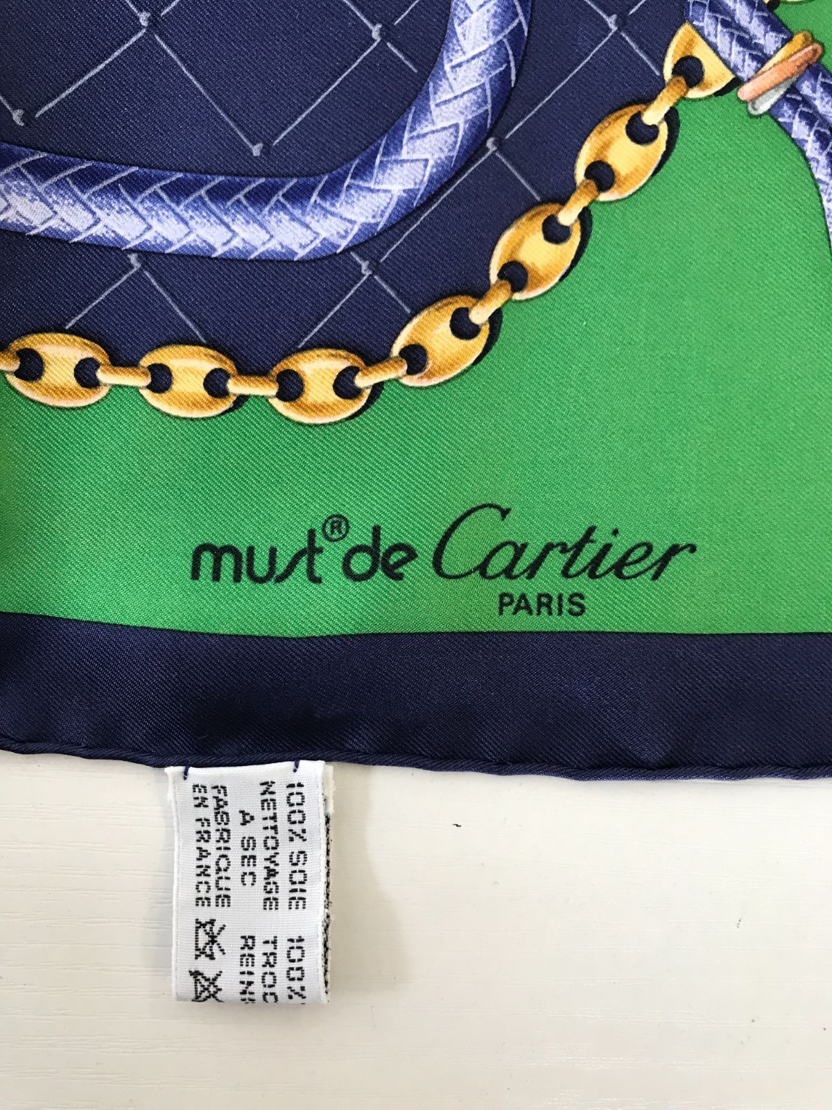 Cartier カルティエ 大判スカーフ 総柄 グリーン×ネイビー系 1197