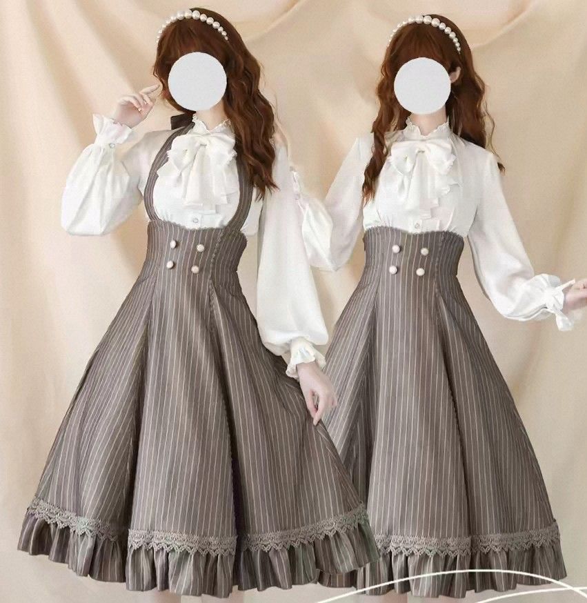 Popular Item Classical Lolita Jumper Skirt Halter Neck Dress Blouse High Waist Flare Frill Elegant Girly Lady Outfit Retro English Style Gothic Lolita French Tea Party Ladies Clarolli Sweet Lolita Princess Adult Cute