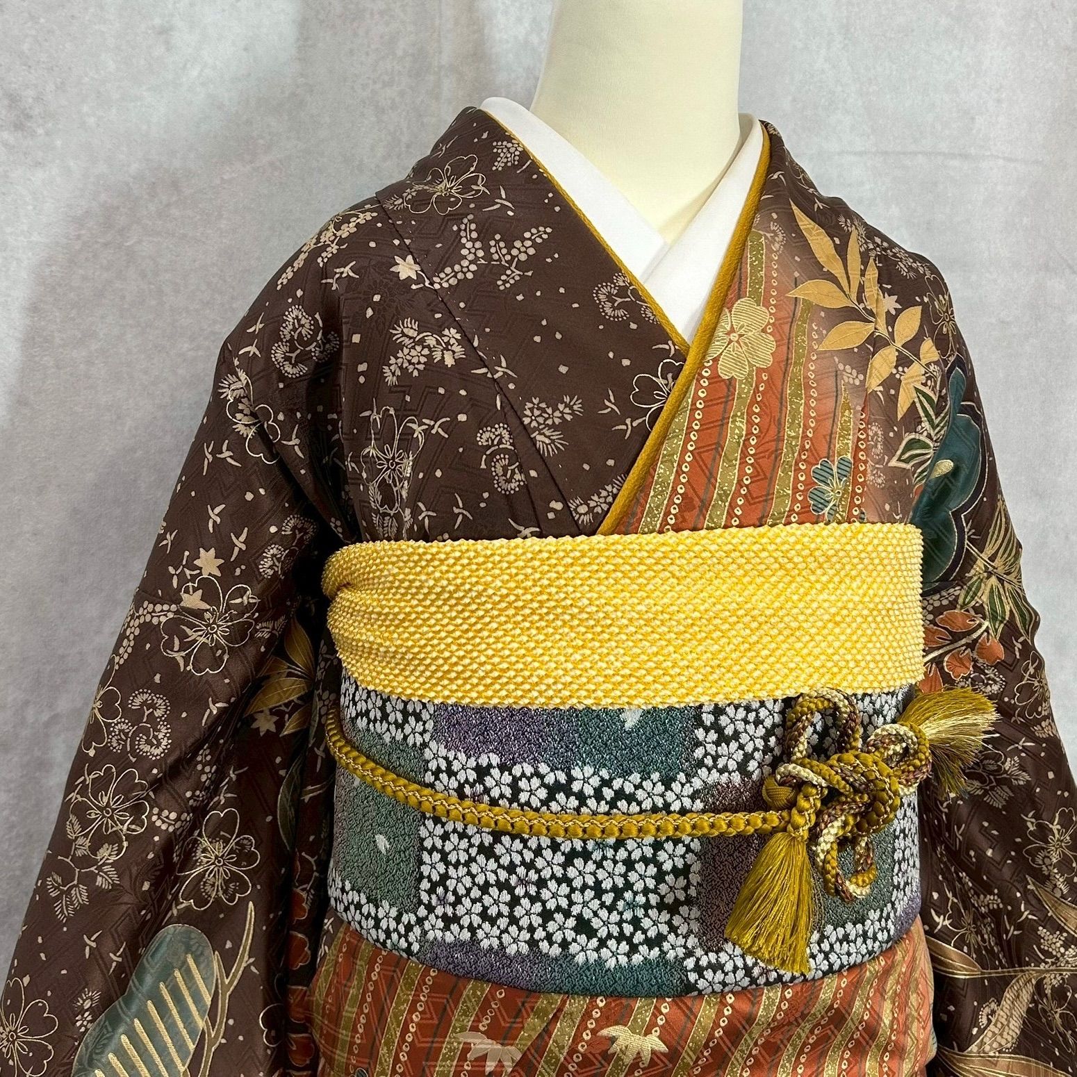 豪華7点セット】振袖 正絹 茶系 鳳凰 着物 身丈167cm 裄67cm 成人式