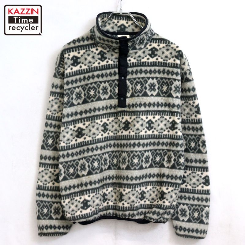 90s USA製 vintage L.L.Bean 総柄 スナップ プルオーバー フリース 