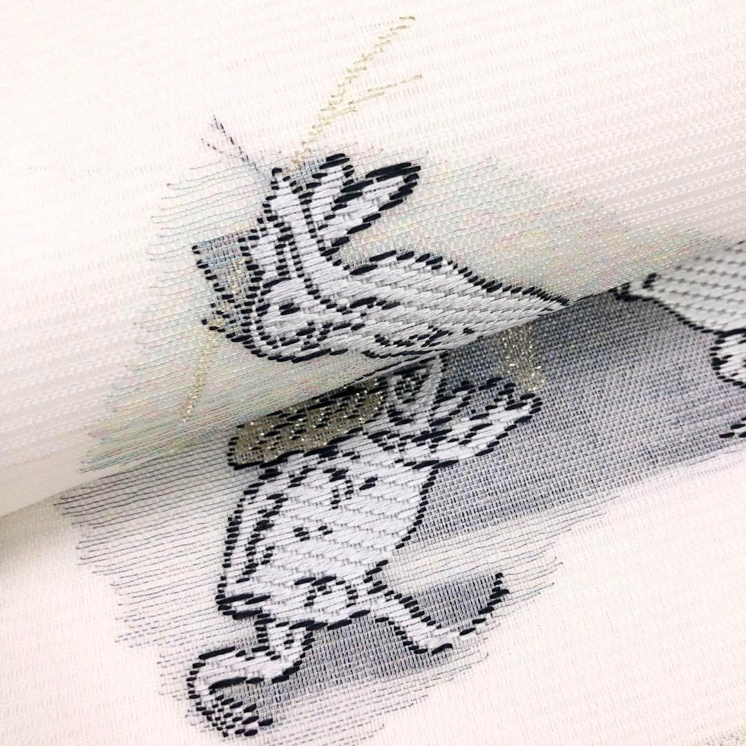 夏帯 名古屋帯 絽 西陣 沢本織物 鳥獣戯画 証紙付 白百合色 O 夏帯 名古屋帯 絽 西陣 沢本織物 鳥獣戯画 証紙付 白百合色 O