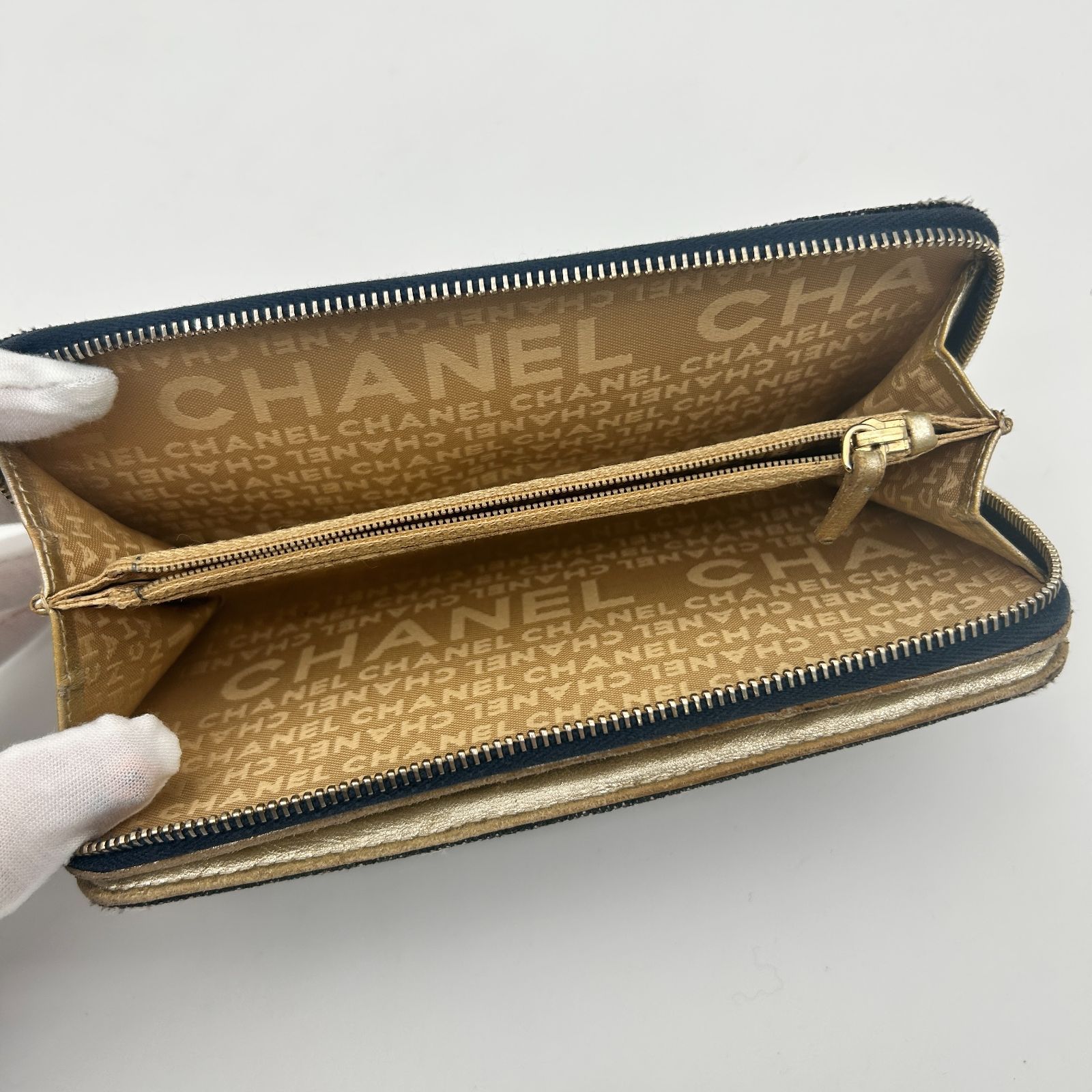 CHANEL シャネル スパークリングデニム ラウンドファスナー長財布 ココ 