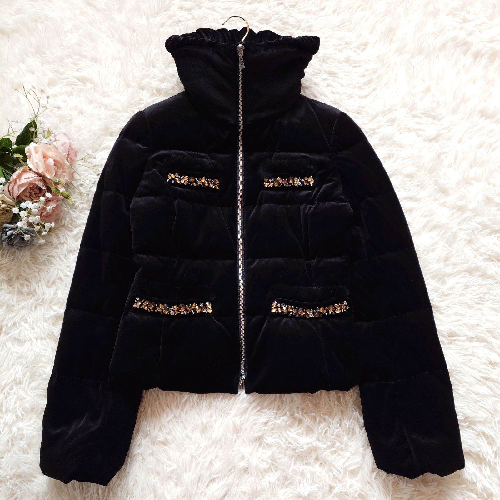 美品 エポカ EPOCA ベロア ダウンジャケット ビジュー ファー ショール 