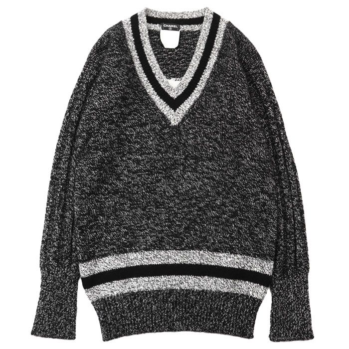 CHANEL シャネル ヴィンテージ セーター 96A P08166 COCOマーク インターシャ カシミヤ100% ニット ミドルゲージ メランジ トラッド Vネック プルオーバー ロングスリーブ 長袖 レディース サイズ 40 ブラック グレー 黒 灰 イギリス製 カール・ラガーフェルド期 CHANEL シャネル ヴィンテージ セーター 96A P08166 COCOマーク