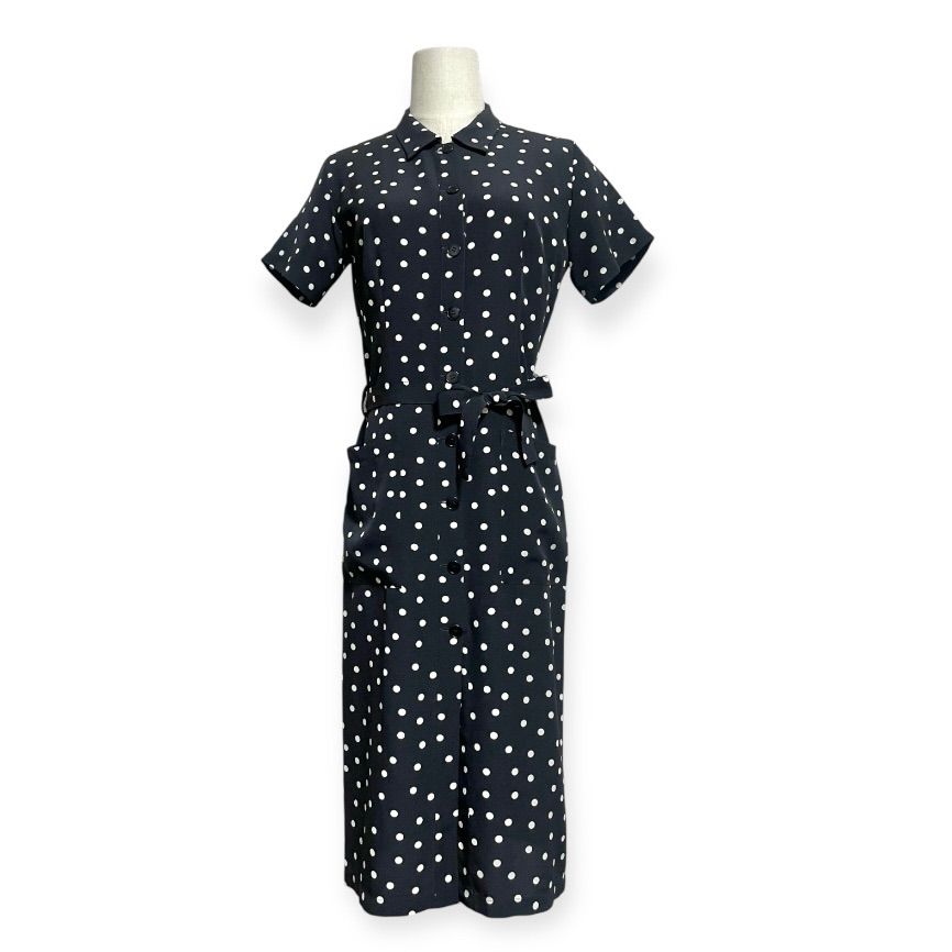 美品☆アニエスベー ドット柄 コットンシャツワンピース ベルトリボン付き 日本製 agnes b. アニエスベー フランス製 ドット柄 リボンベルト シャツ