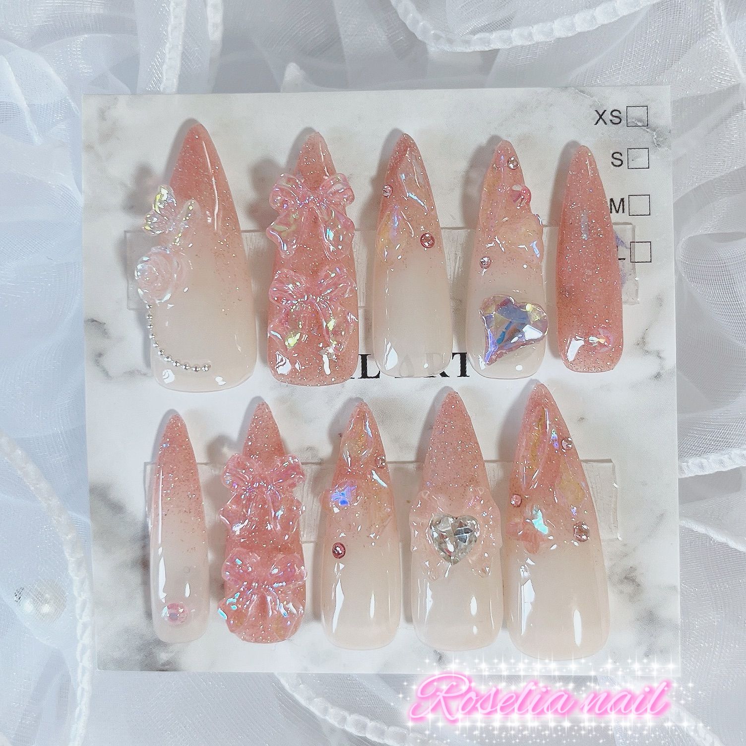 ネイルチップ リボン ちゅるん グラデーション 韓国 ワンホン オーダー オーダーNo.38】キラキラ うるうる ちゅるん ピンク リボン ガーリー