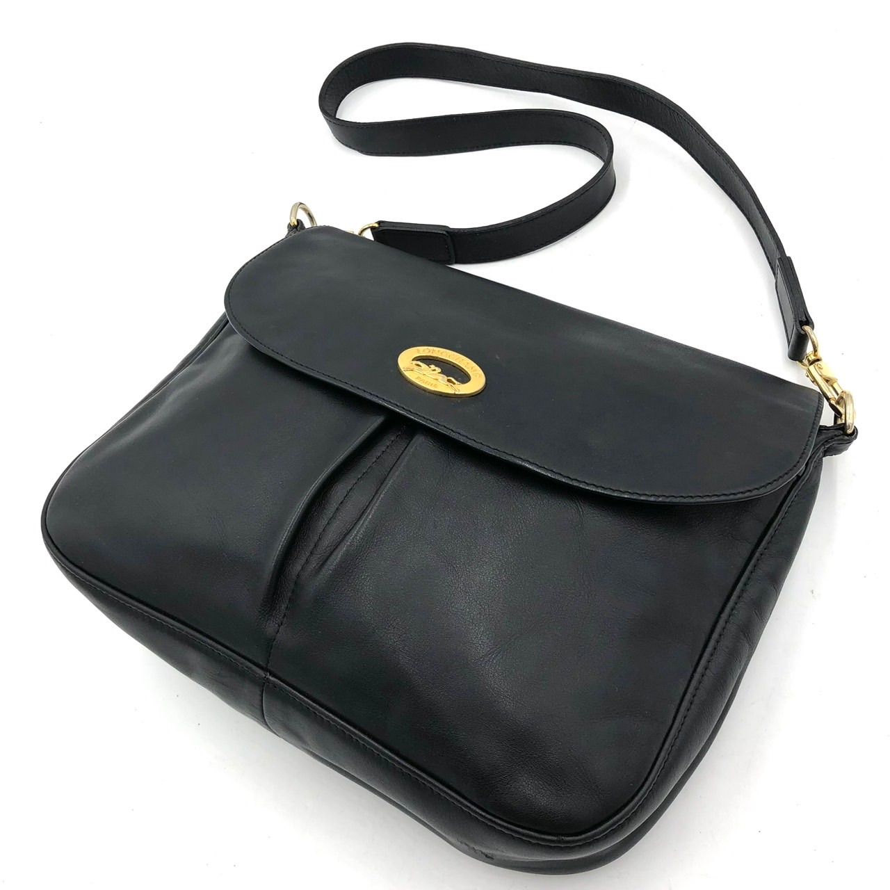 ロンシャン LONGCHAMP ショルダーバッグ レザー ブラック 黒 ロゴ金具 