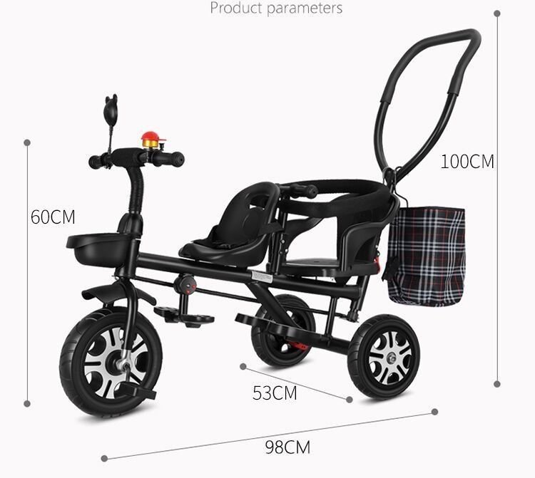 二人乗り三輪車ベビーカー双子用子供用自転車補助棒付き両点シートベルト付きカゴ付き補助棒取り外し可誕生日プレゼントアウトドア兄弟姉妹でお出かけ楽々