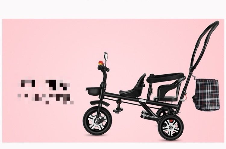 大好評 二人乗り三輪車ベビーカー双子用子供用自転車補助棒付き両点シートベルト付きカゴ付き補助棒取り外し可誕生日プレゼントアウトドア兄弟姉妹でお出かけ楽々