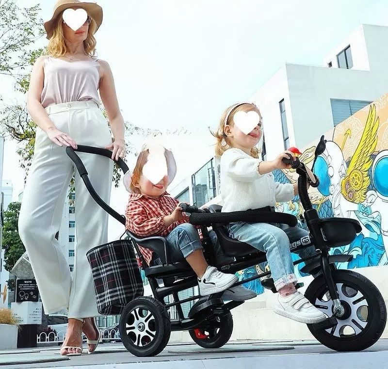 二人乗り三輪車ベビーカー双子用子供用自転車補助棒付き両点シートベルト付きカゴ付き補助棒取り外し可誕生日プレゼントアウトドア兄弟姉妹でお出かけ楽々