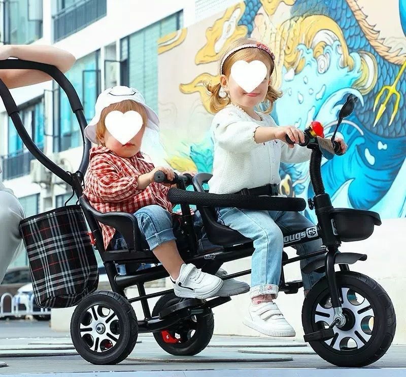 大好評 二人乗り三輪車ベビーカー双子用子供用自転車補助棒付き両点シートベルト付きカゴ付き補助棒取り外し可誕生日プレゼントアウトドア兄弟姉妹でお出かけ楽々 拡張可能 ベビーカー バギー 外出 移動用品