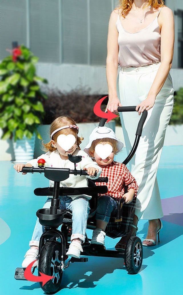 二人乗り三輪車ベビーカー双子用子供用自転車補助棒付き両点シートベルト付きカゴ付き補助棒取り外し可誕生日プレゼントアウトドア兄弟姉妹でお出かけ楽々