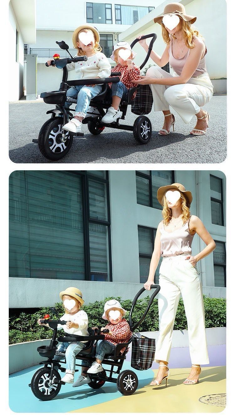 二人乗り三輪車ベビーカー双子用子供用自転車補助棒付き両点シートベルト付きカゴ付き補助棒取り外し可誕生日プレゼントアウトドア兄弟姉妹でお出かけ楽々