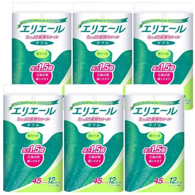 【送料無料】エリエール トイレットペーパー たっぷり長持ち 45m×72ロール(12ロール×6パック) ダブル パルプ100% リラックス感のある香り