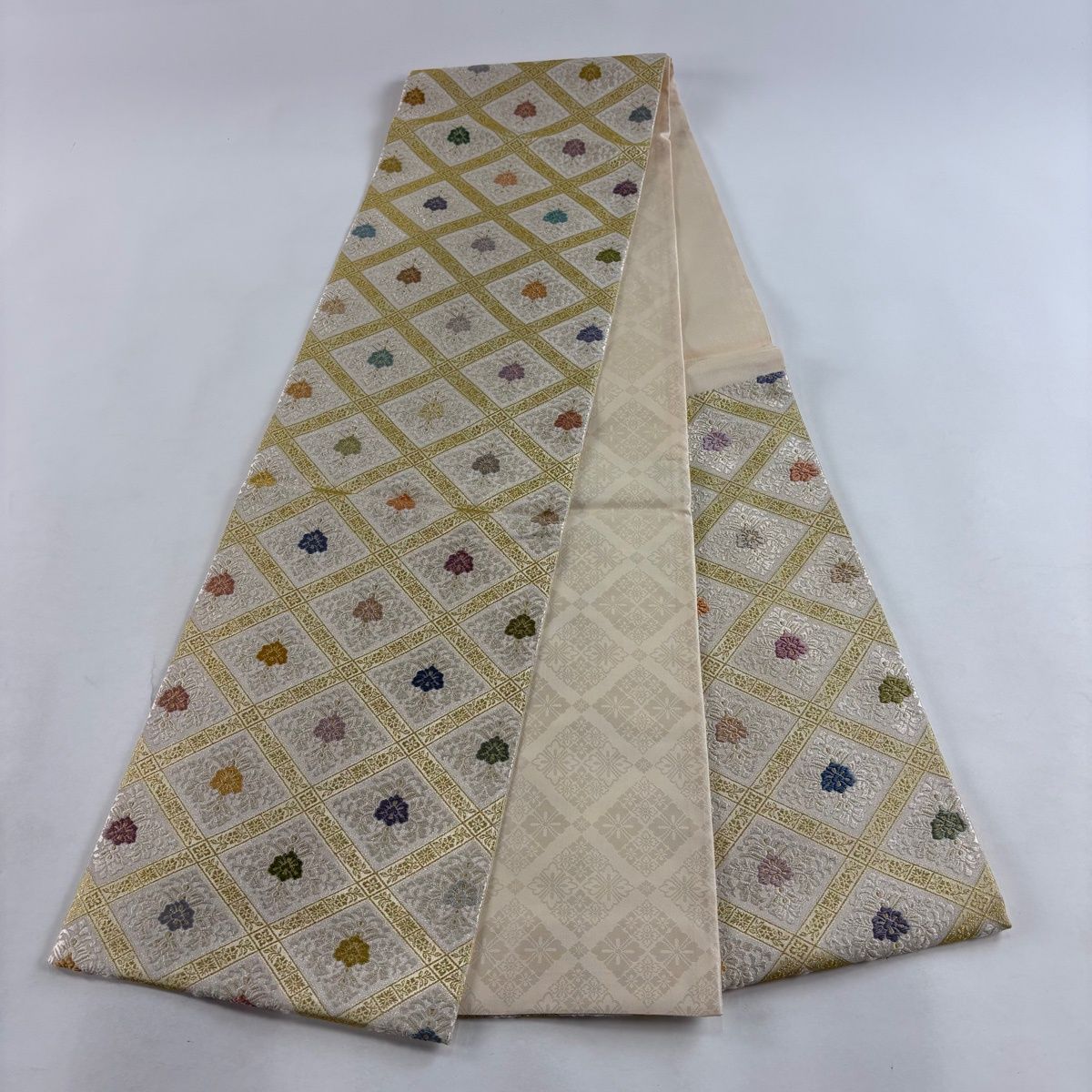 袋帯 名品 花菱 金糸 ベージュ 袋帯 名品 華文 菱 金糸 刺繍 ベージュ 