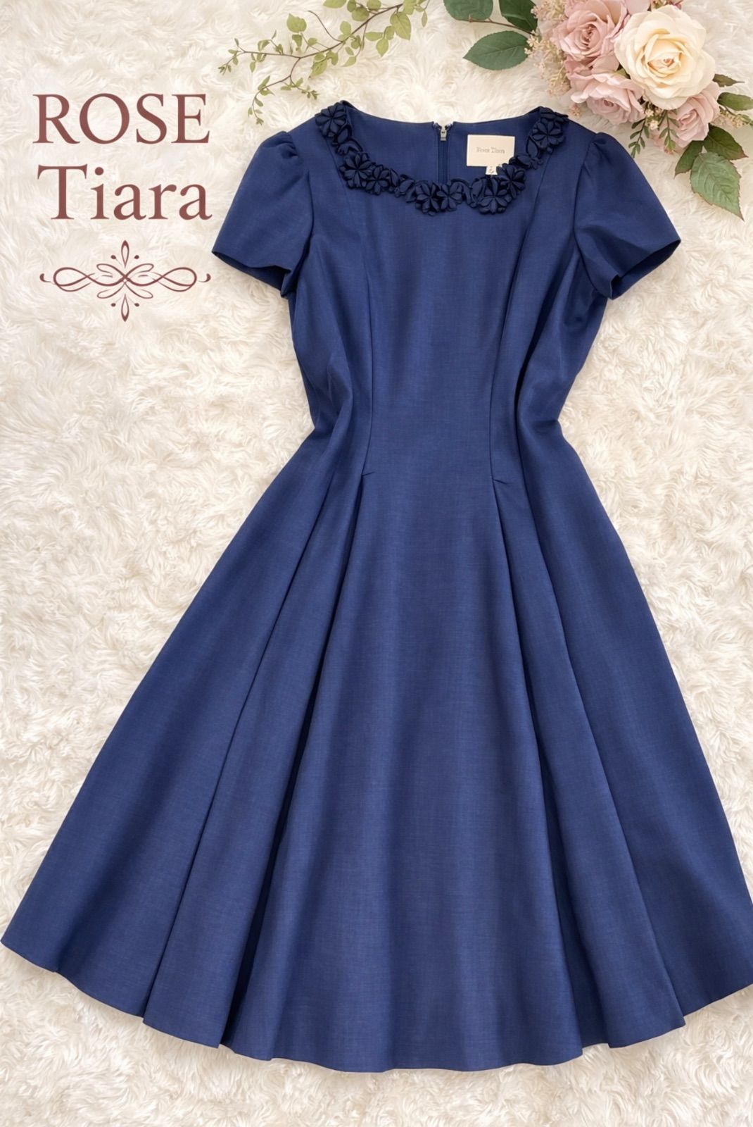 Rose Tiara ローズティアラ フラワーネック フレアワンピース ネイビー
