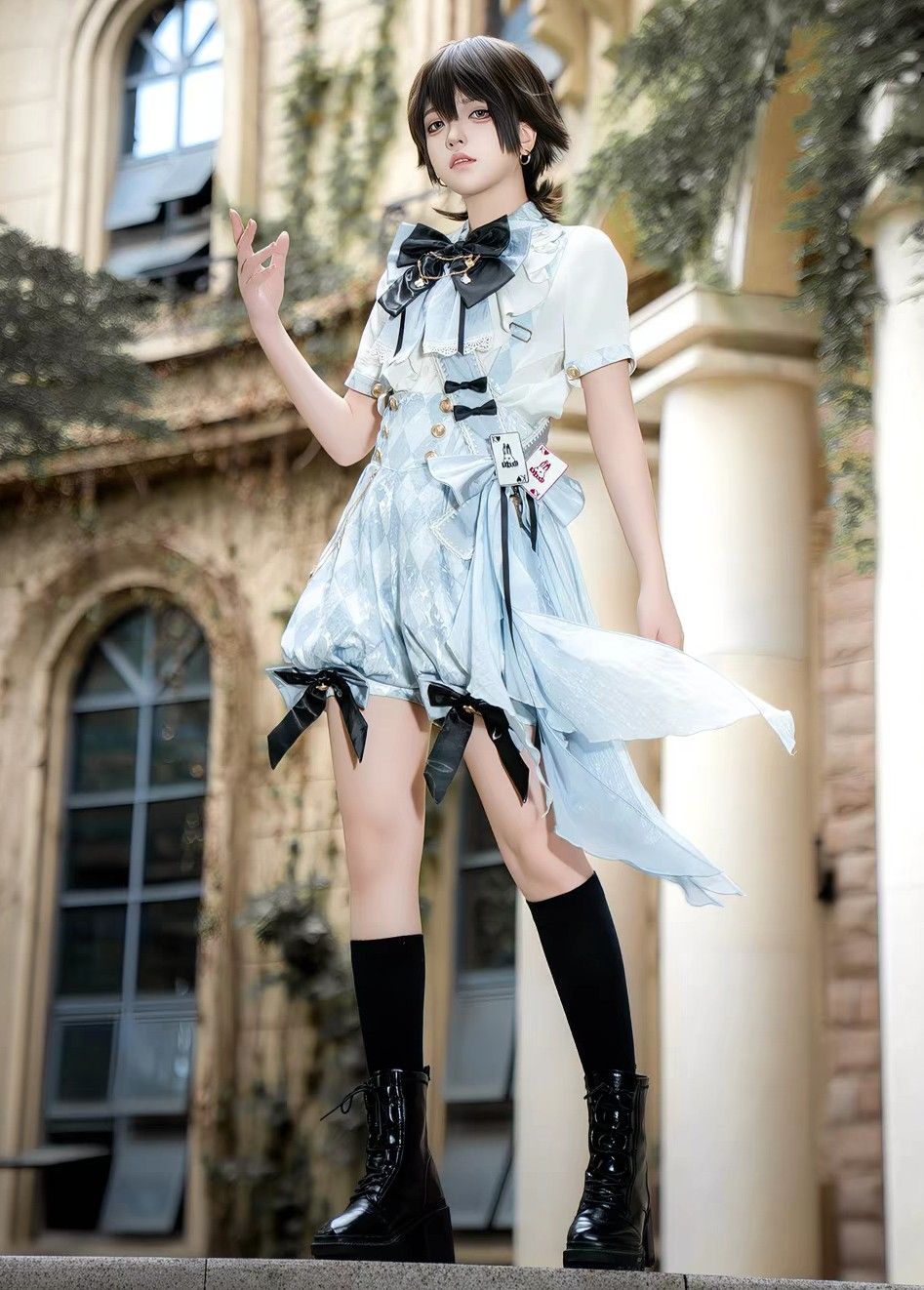 Lolita Alice Style Subculture Motif 4 Piece Set, Blouse, Pants, Ribbon Tie, Pocket Watch, Accessory, Asymmetric Ruffle Lace, Classical Gothic, Landmine Series, Mass Production Cosplay Costume, Harajuku Girly, Sick, Doll Style, Short Sleeve, Spring, Summer, Stylish, Unique Prince