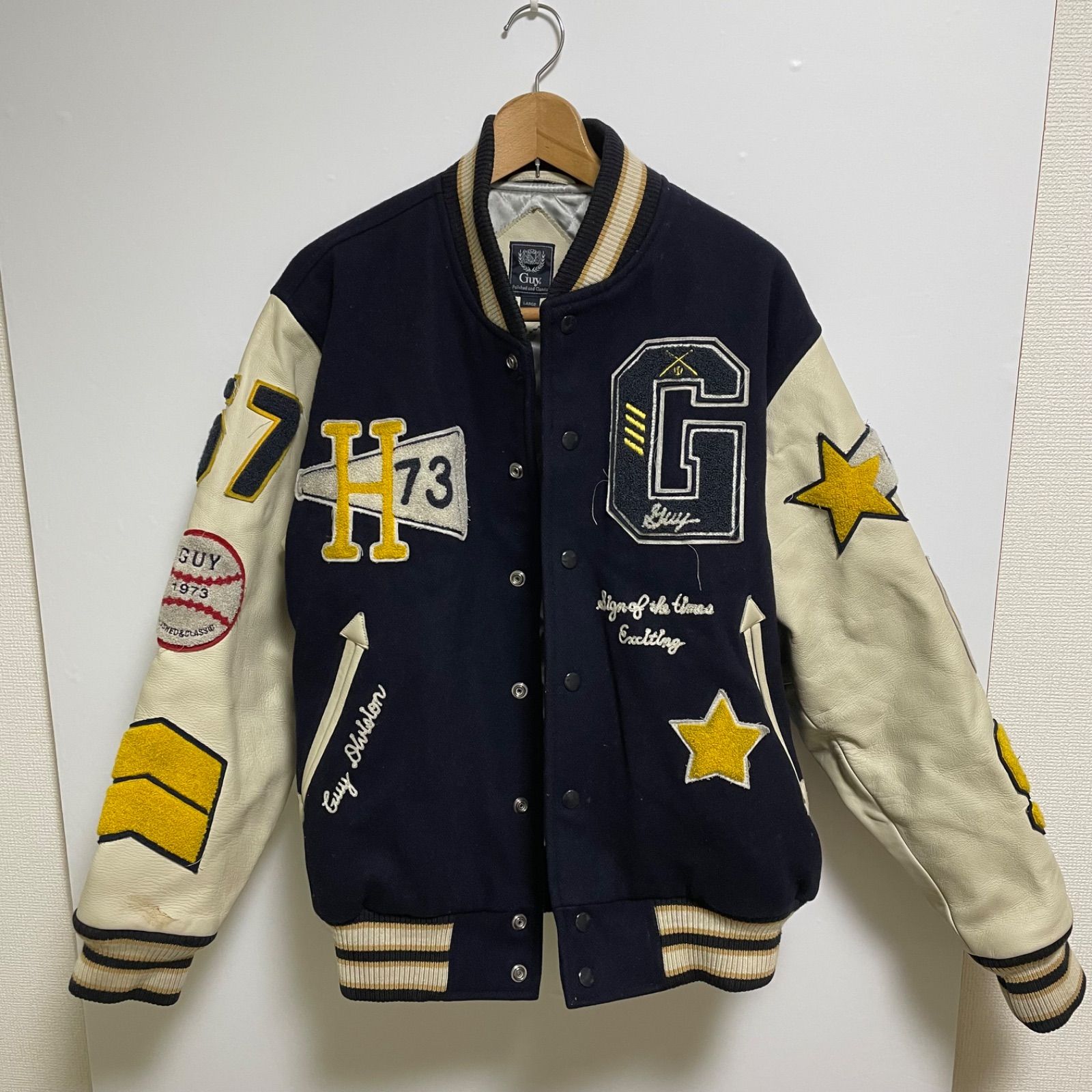 Guy Polished and Classic スタジャン L 紺 袖牛革 ワッペン 刺繍 