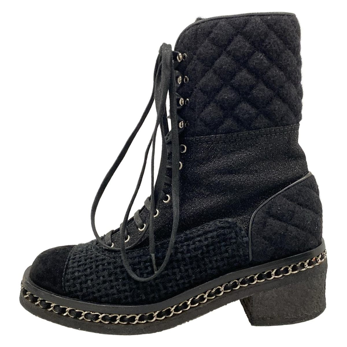 CHANEL(シャネル) ショートブーツ 38 レディース 黒 ラメ/チェーン 