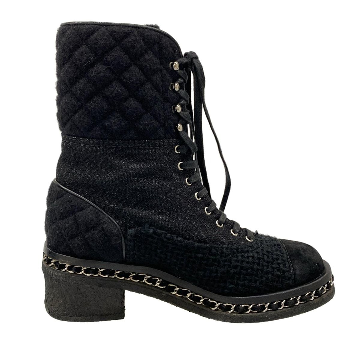 CHANEL(シャネル) ショートブーツ 38 レディース 黒 ラメ/チェーン 