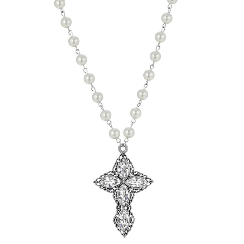 1928 レディース アクセサリー ネックレス・チョーカー・ペンダントトップ レース 1928 Silver Tone Crystal Simulated Pearl Cross Necklace Clear パール