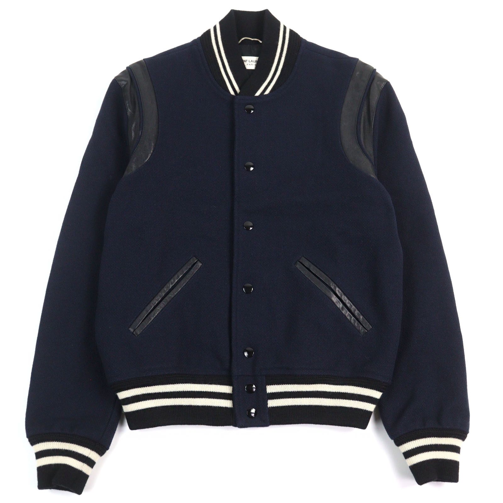 極美品○SAINT LAURENT PARIS サンローランパリ 354718 エディ期 レザー切替 スタジャン テディジャケット ネイビー系 44 ハンガー付き イタリア製 メンズ 極美品○SAINT LAURENT PARIS サンローランパリ 354718 エディ期