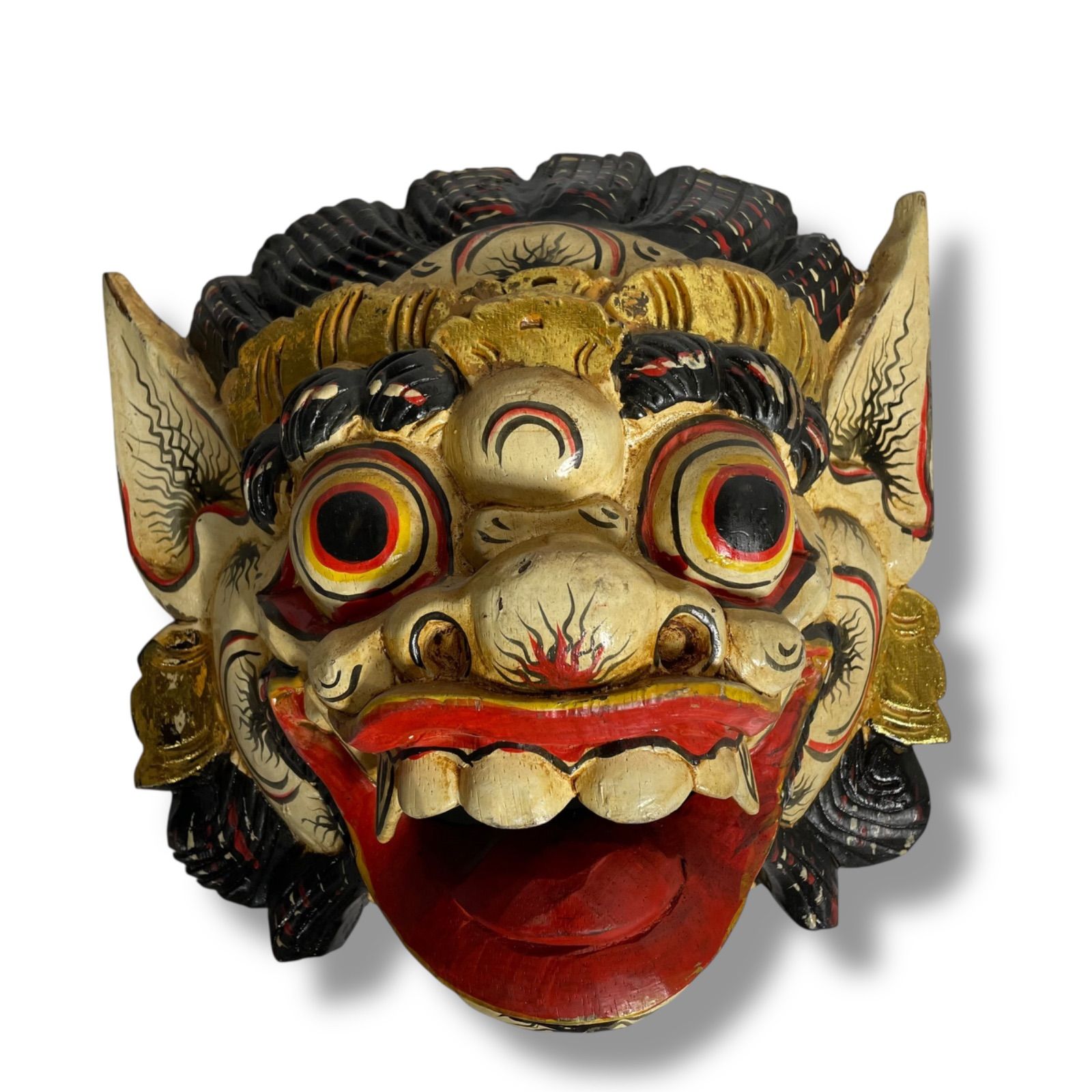 聖獣バロン バリ島 仏教美術 木彫り　置物 美品】聖獣 バロン 木彫り お面 バリ島 厄除け 魔除け 壁掛け 彫刻