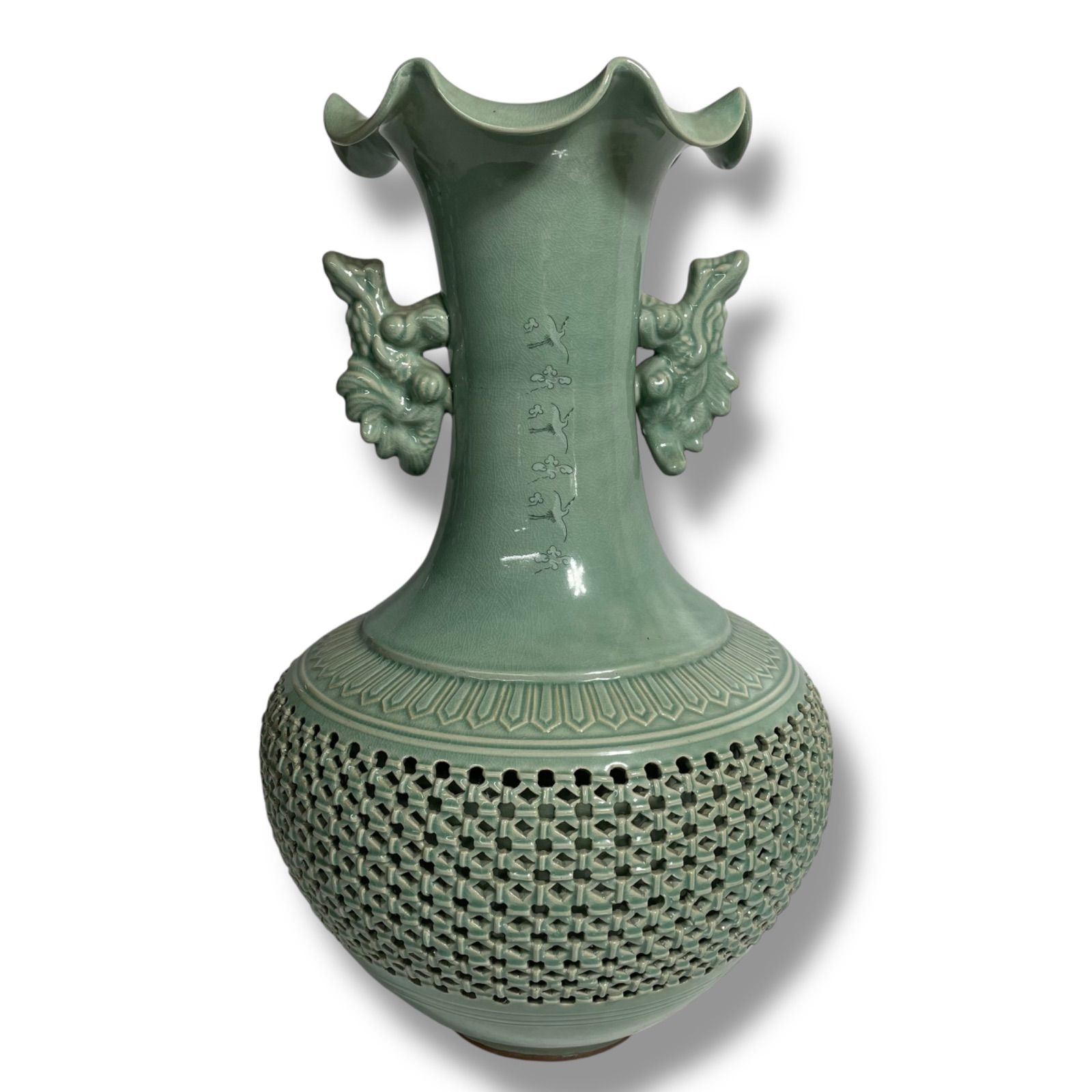 未使用に近い】高麗青磁 花瓶 透かし彫り 骨董品 伝統工芸 鳳凰 飾壷 