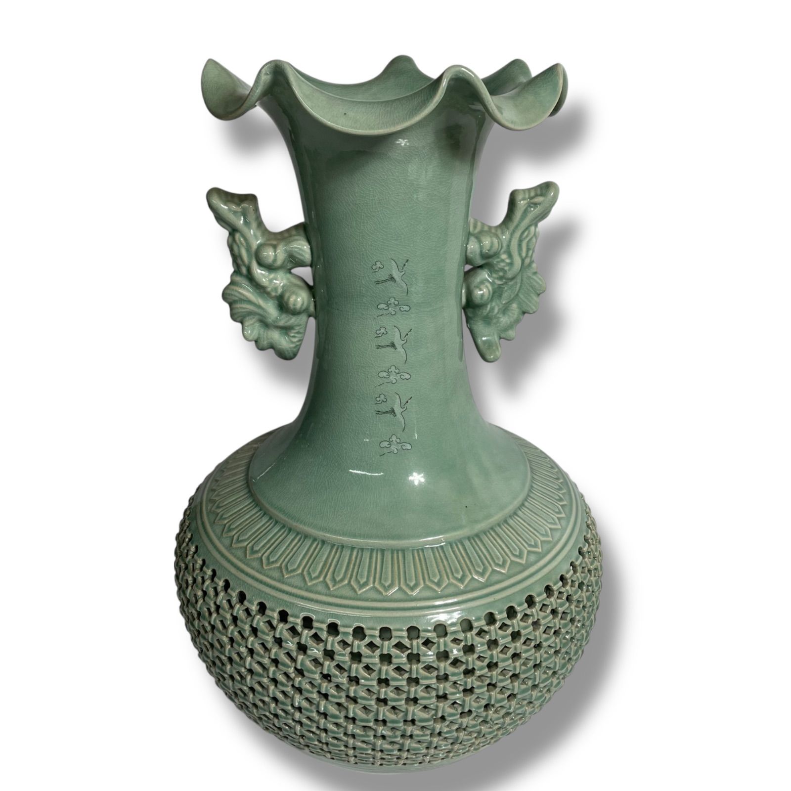 未使用に近い】高麗青磁 花瓶 透かし彫り 骨董品 伝統工芸 鳳凰 飾壷 