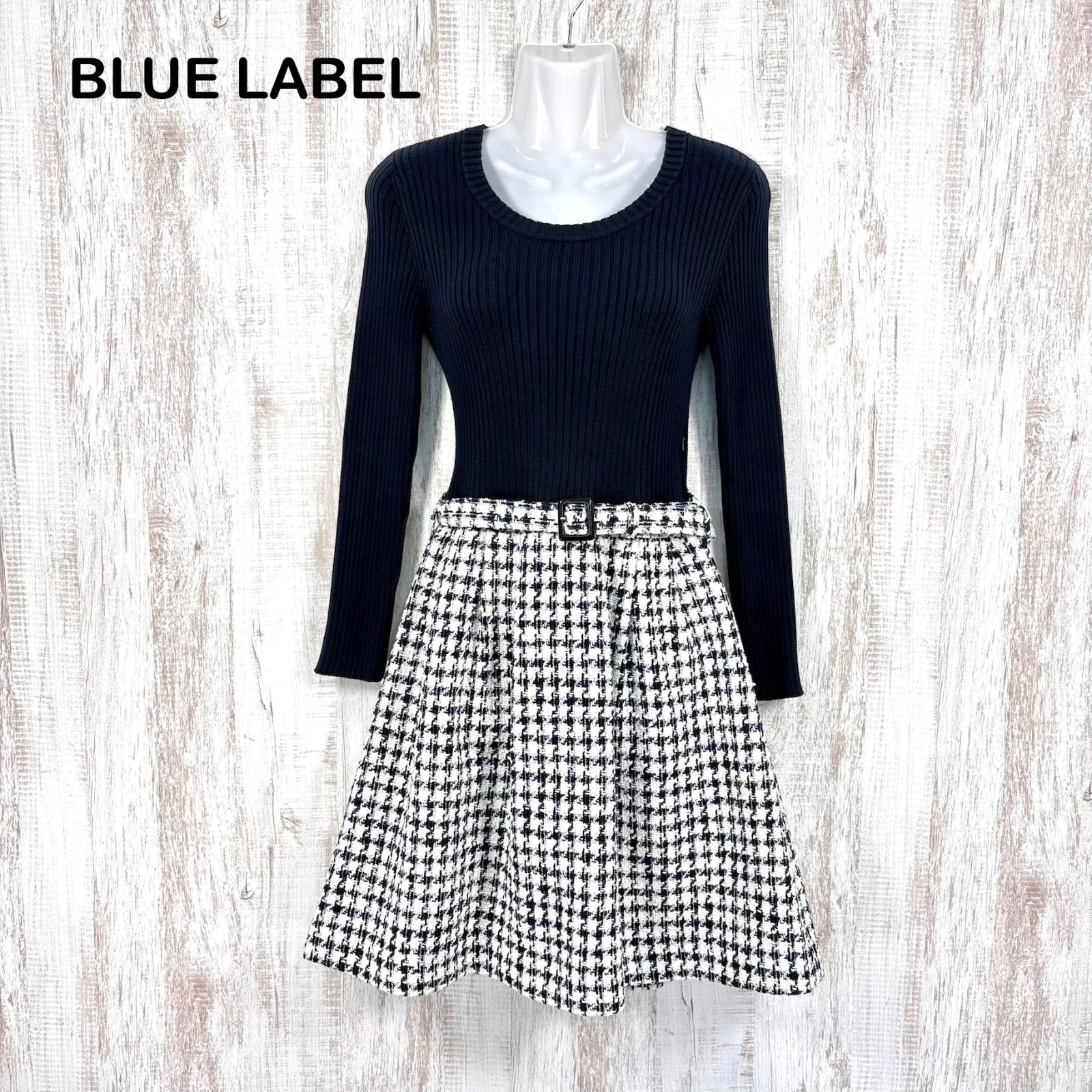 BLUE LABEL CRESTBRIDGE ブルーレーベルクレストブリッジ ベルト付き ツイードチェック リブニット ドッキング ワンピース ネイビー