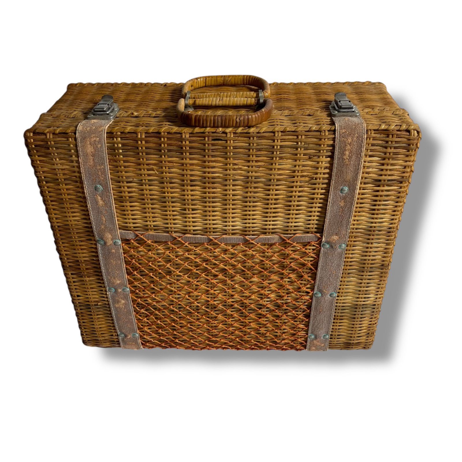 【美品】ラタン バスケット ピクニックバッグ 籠 41×34×16cm 籐
