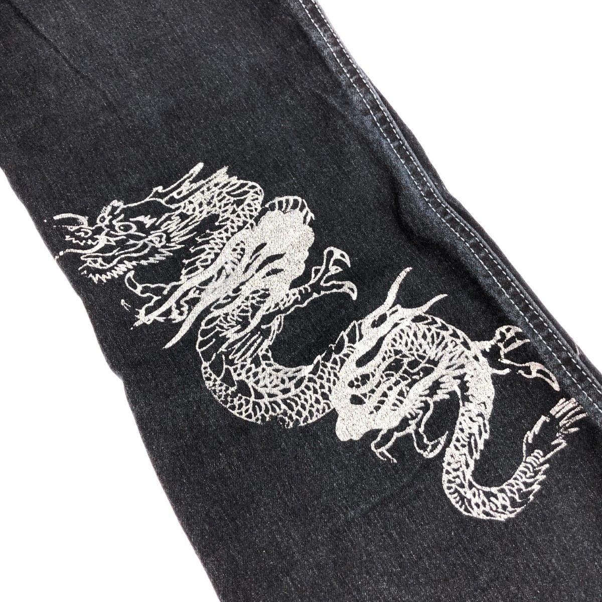 GOUK ロゴプリント デニムパンツ ドラゴン/龍/刺繍 ネイビー 