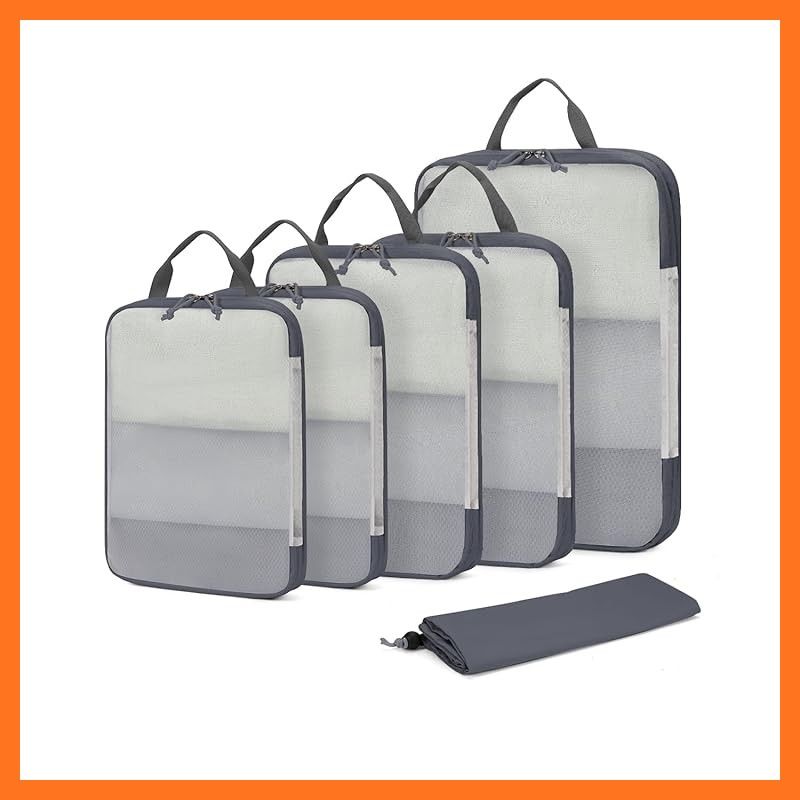 【新品】 ECOHUB トラベルポーチ 旅行用圧縮袋 便利グッズ 6点セット YKKファスナー 衣類収納仕分け スペース節約 圧縮ポーチ メッシュポーチ 再生素材採用 出張 海外旅行 グレー 1