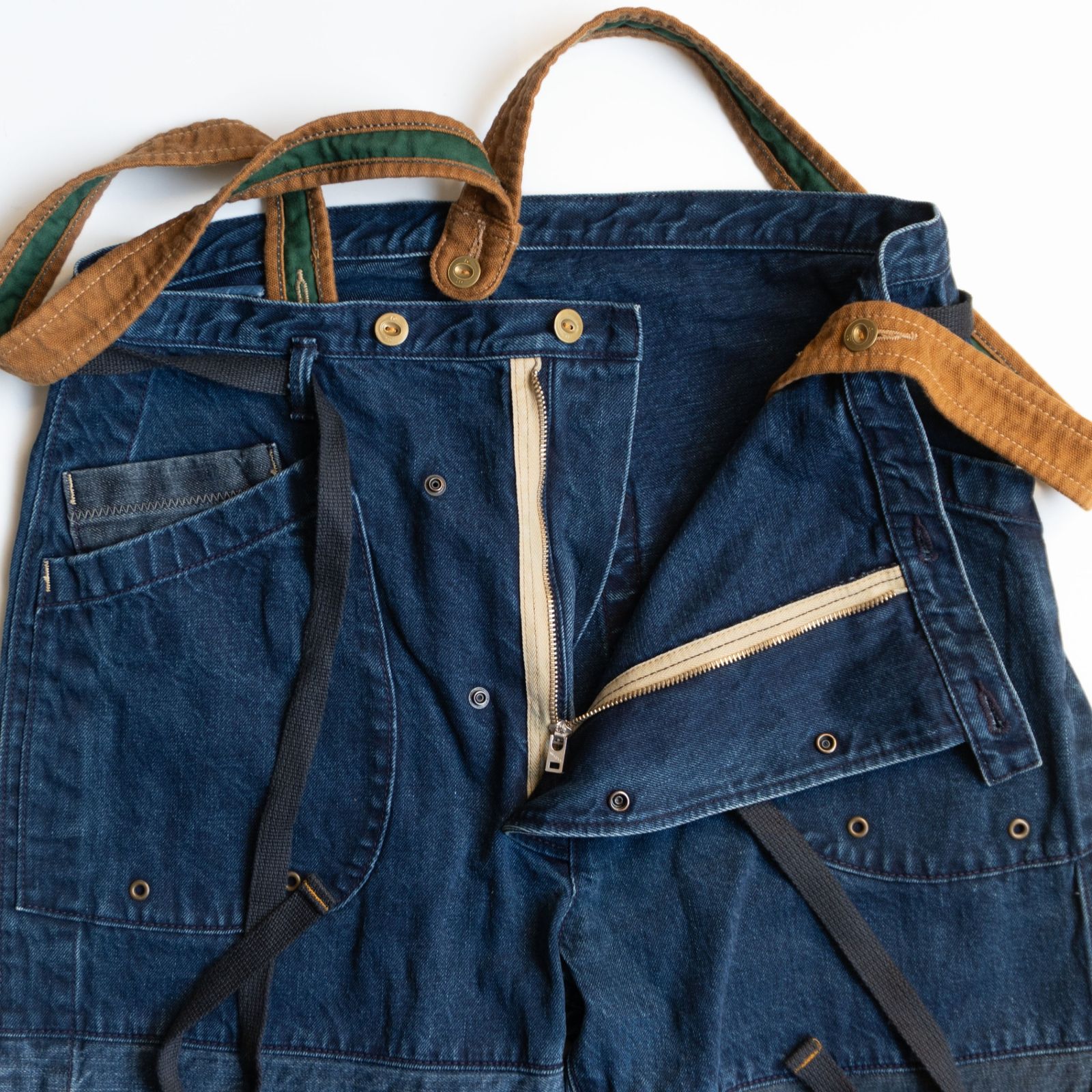 45R 908ヨットットパンツ　 デニムパッチワークサスペンダーパンツ 美品】45R【908ヨットットパンツ】 デニム パッチワーク サスペンダー