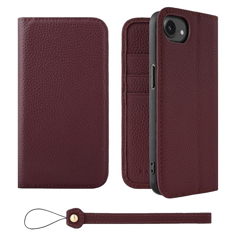iPhoneケース・スマホ・PC 【新品】 HANATORA for iPhone 17e 16e ケース 手帳型 本革 スマホケース スマホ スタンド ストラップ 付き シュリンクカーフレザー ベルトなし マグネットなし ワイン H0XA-16e-Wine ギフト 誕生日 女性 男性 彼 0
