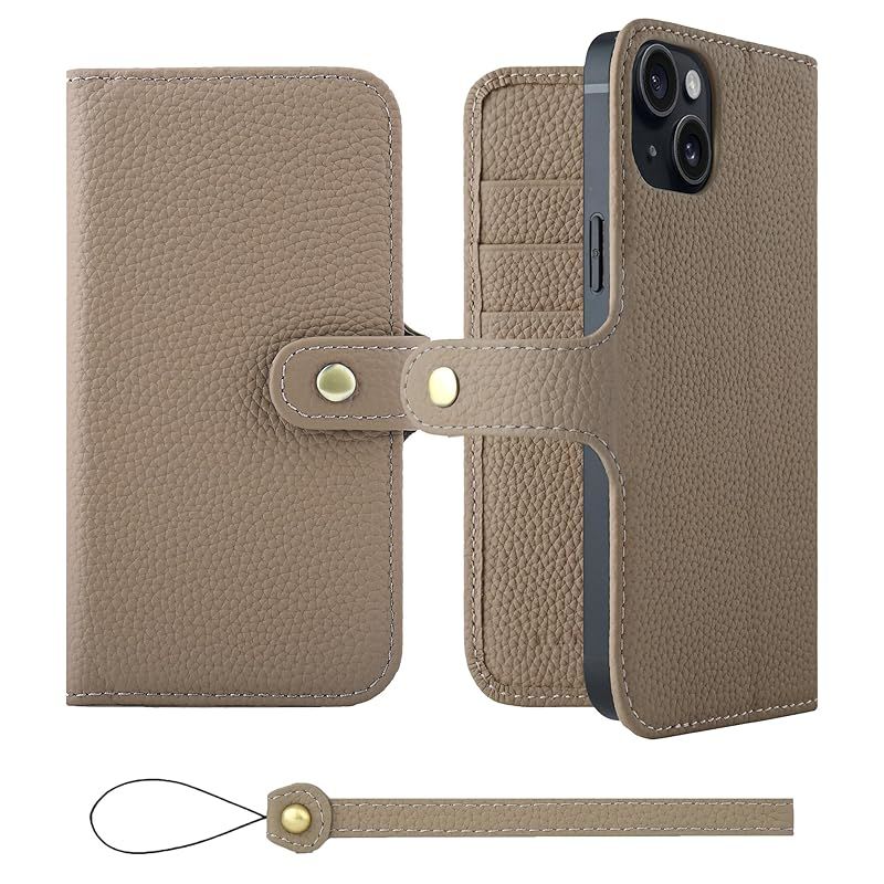 【新品】 HANATORA for iPhone 15Plus ケース 手帳型 本革 スマホケース スマホ スタンド ストラップ 付き シュリンクカーフレザー ベルトあり マグネットなし グレージュ H0XB-15Plus-Grege ギフト 誕生日 女性 0