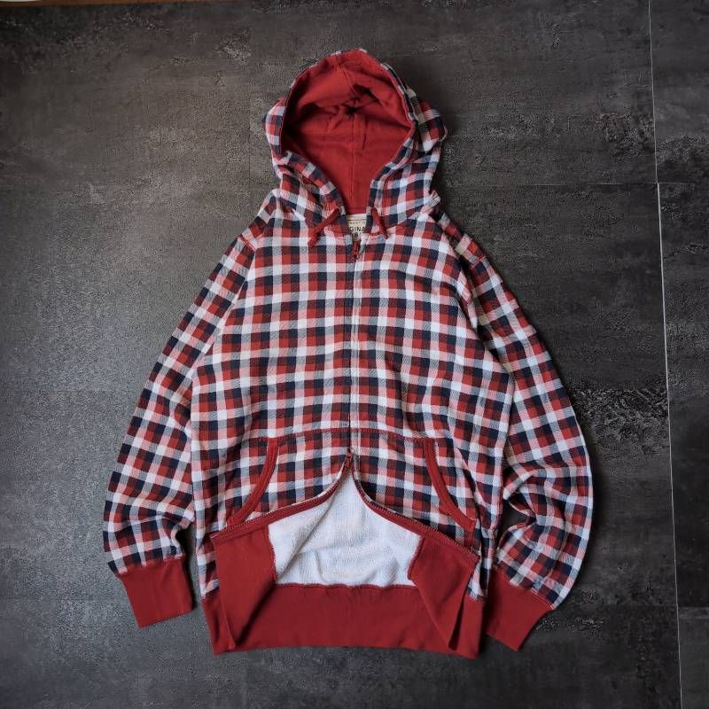 Old Uniqlo Plaid Double Zip Up Hoodie M Red Checkered Y2K Archive