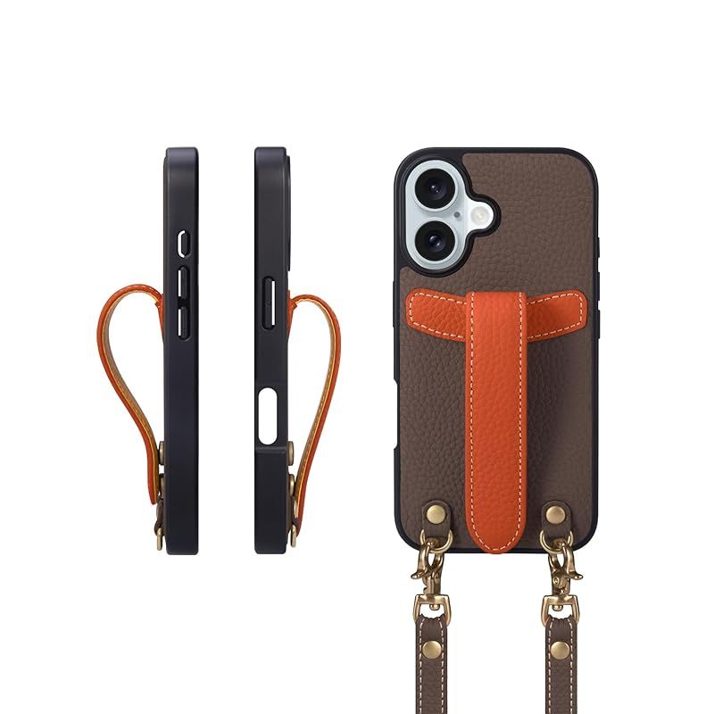 【新品】 COGURE 交換 スマホケース iPhone16 ケース ショルダーストラップ 本革 落下防止 耐衝撃 ギフトボックス付き COPG エトープ+オレンジ【Etoupe+OG】 1
