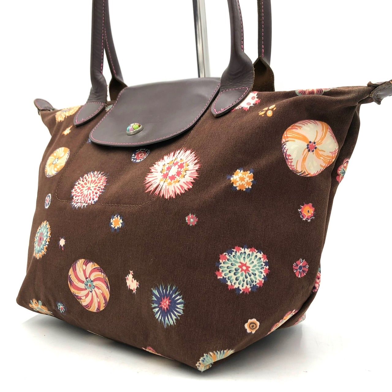 ロンシャン LONGCHAMP トートバッグ 花柄 キャンバス レザー 茶 鞄 