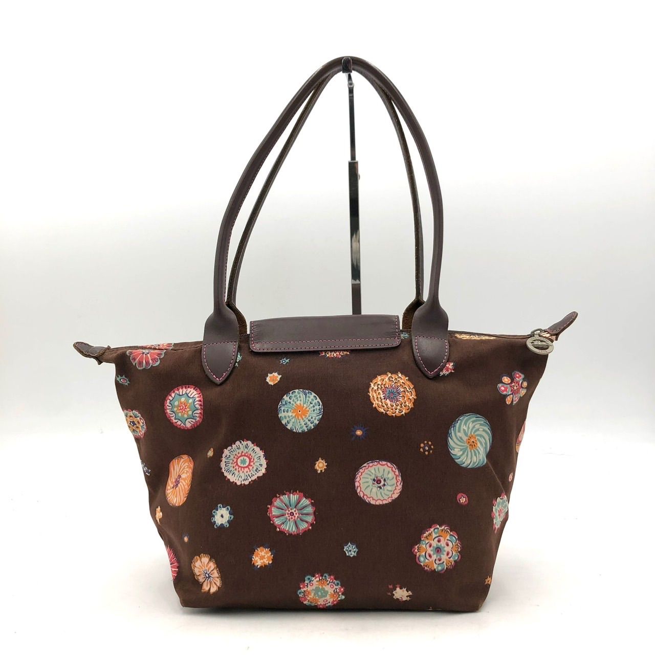 ロンシャン LONGCHAMP トートバッグ 花柄 キャンバス レザー 茶 鞄 